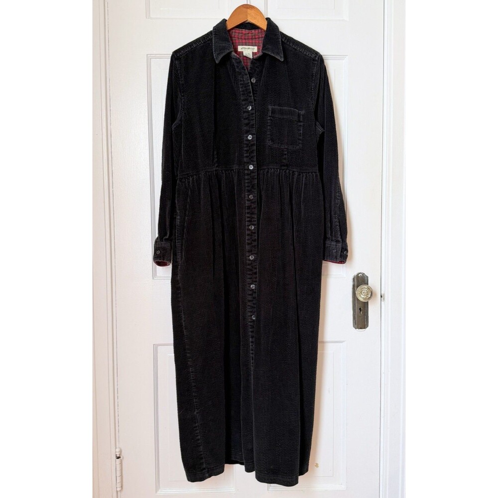 Vintage Eddie Bauer Corduroy Maxi Shirt Dress L Charcoal Gray Plaid 90s Grunge